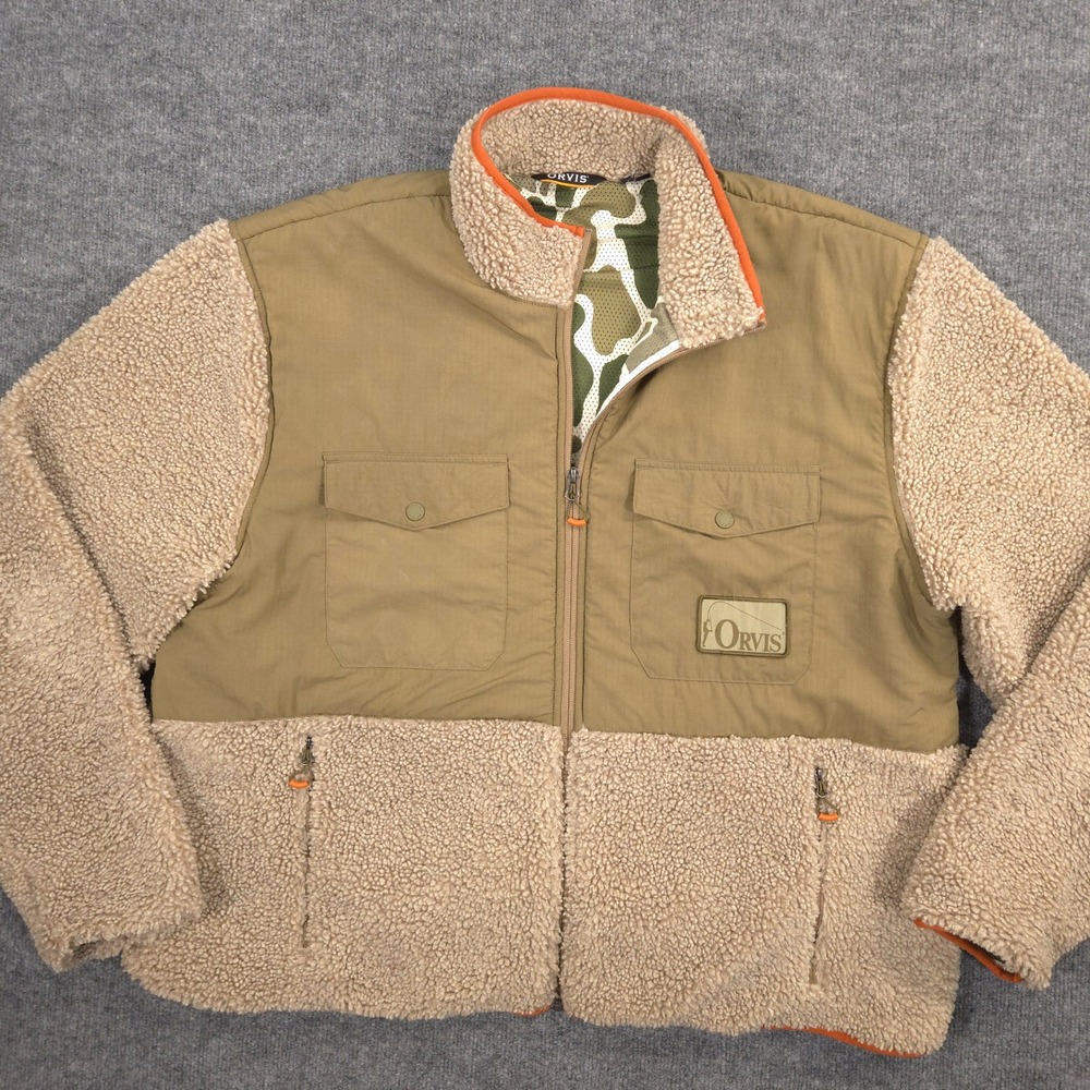 Orvis Jacket Mens‎ XXL Olive Beige Sherpa Fleece Camo Mesh Lined Outdoor Fishing
